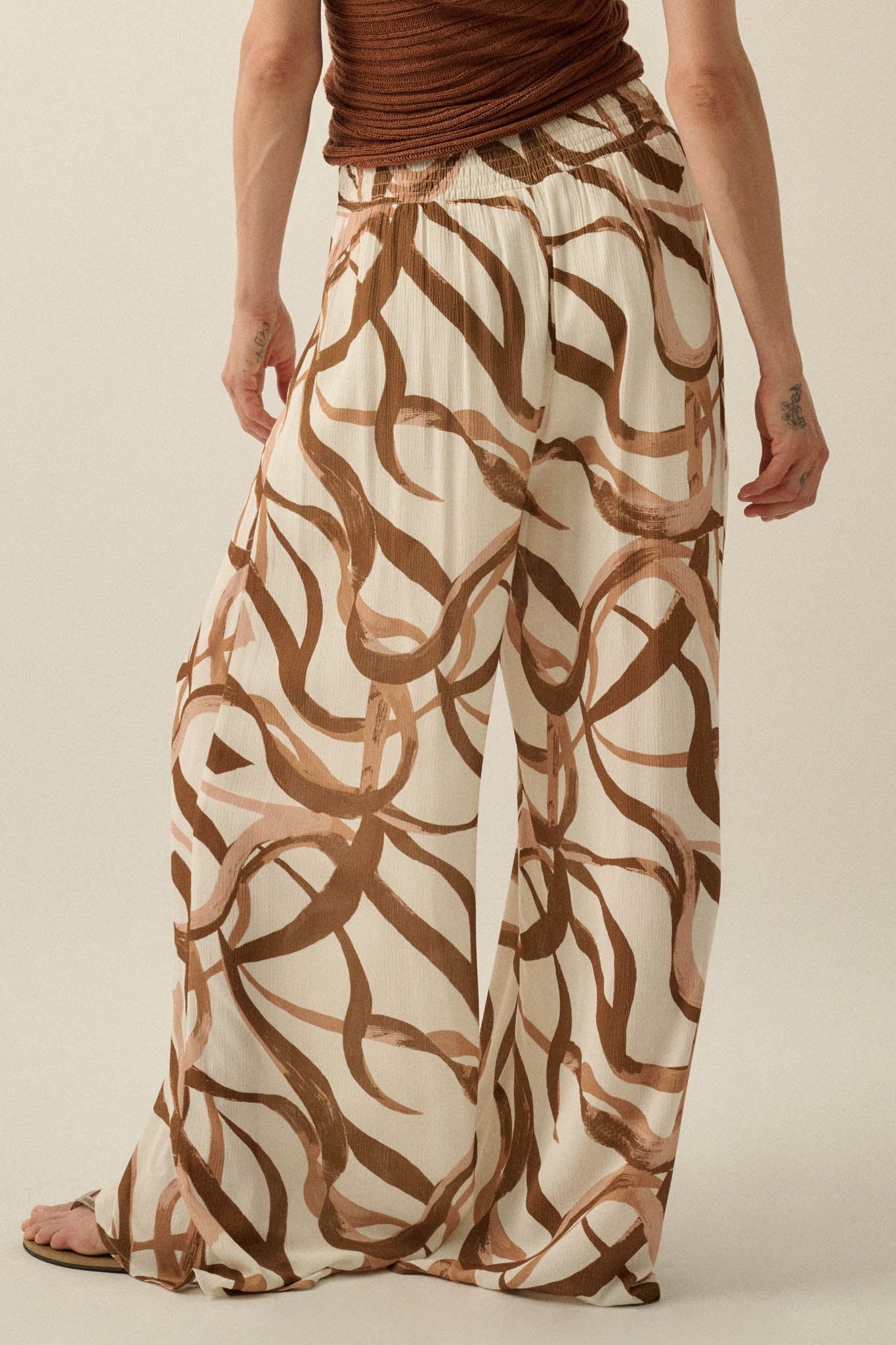 Loose Ends Ribbon-Print Wide-Leg Wrap Pants