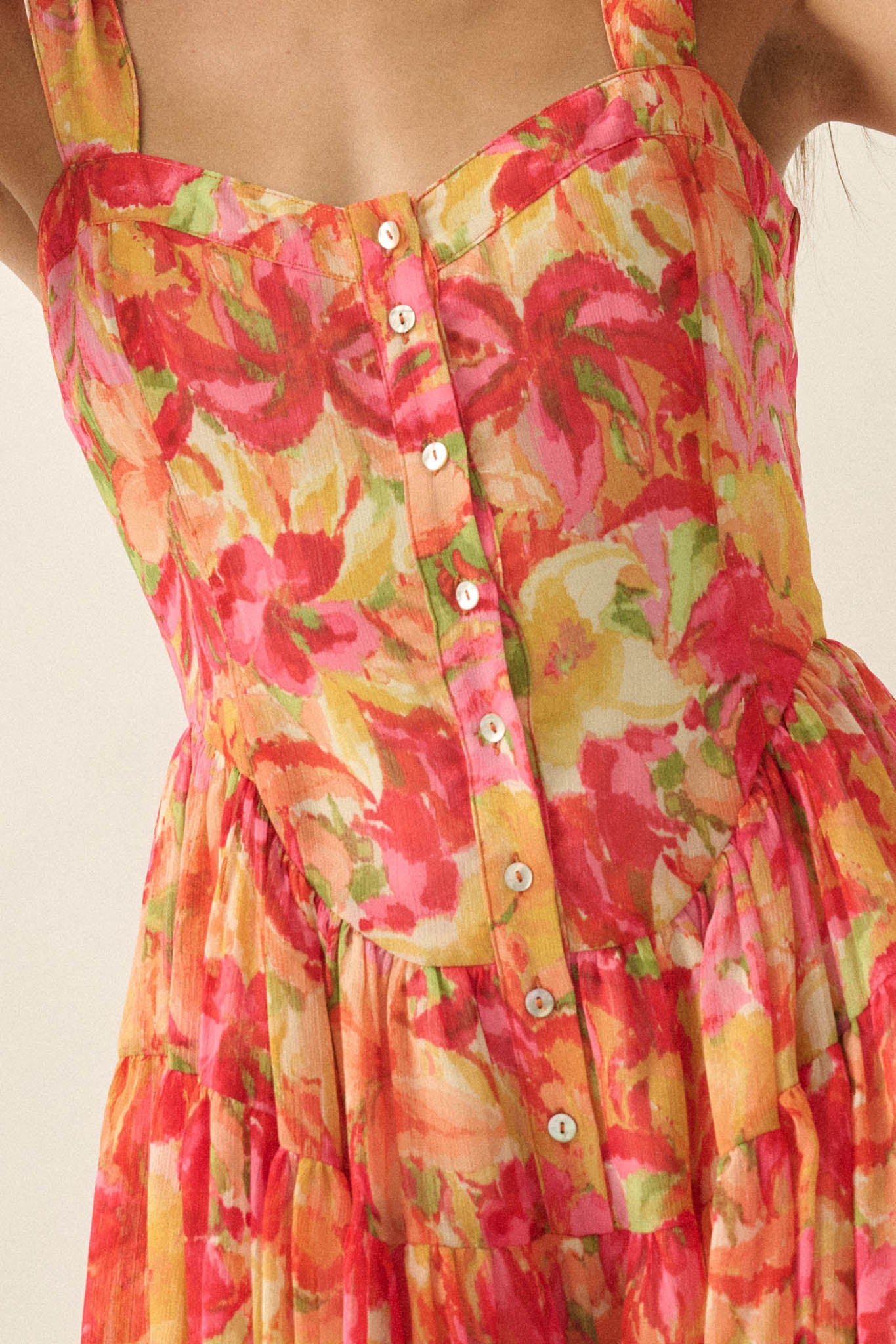 Blooming Citrine Floral Chiffon Tiered Ruffle Romper
