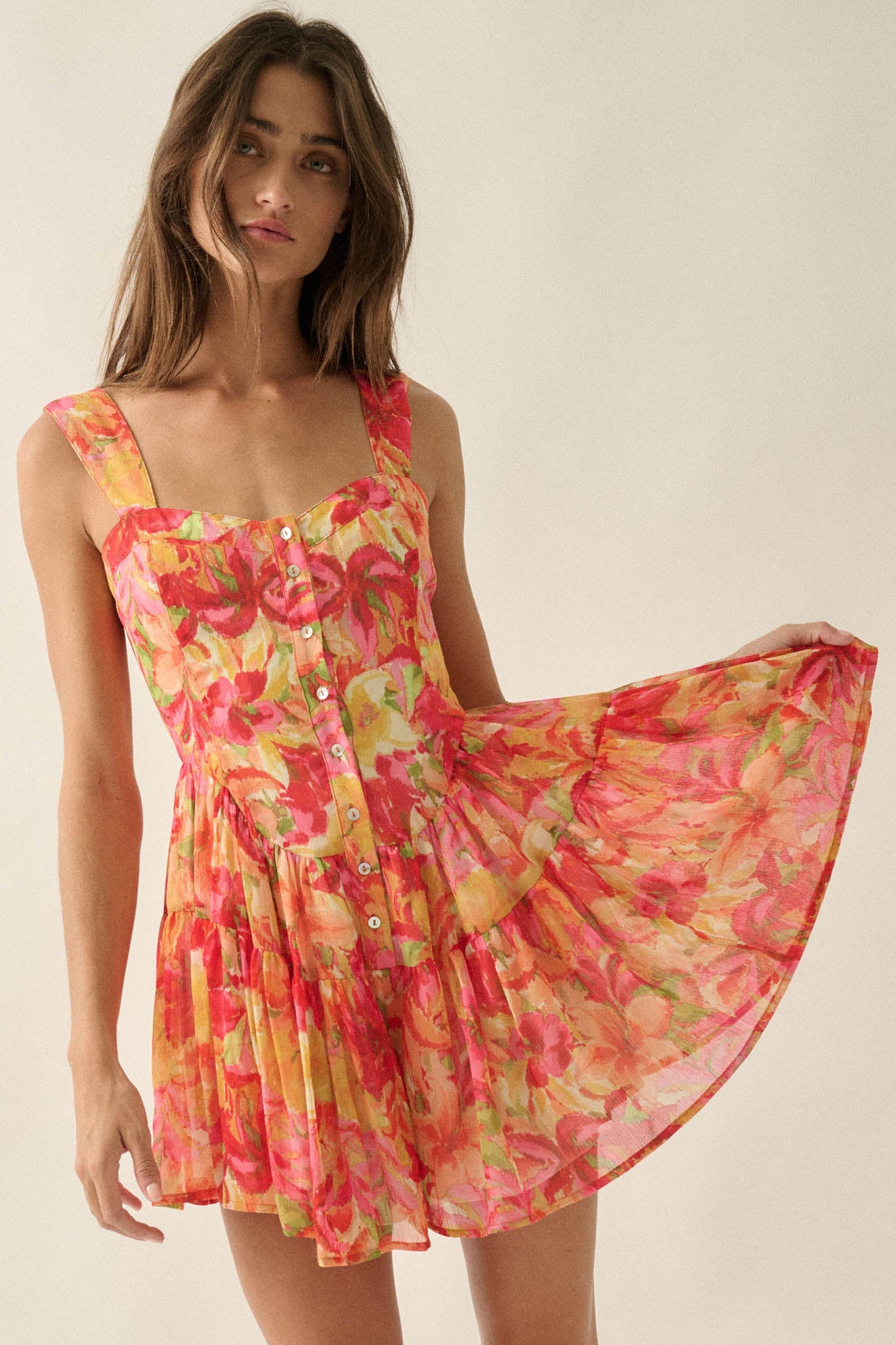 Blooming Citrine Floral Chiffon Tiered Ruffle Romper