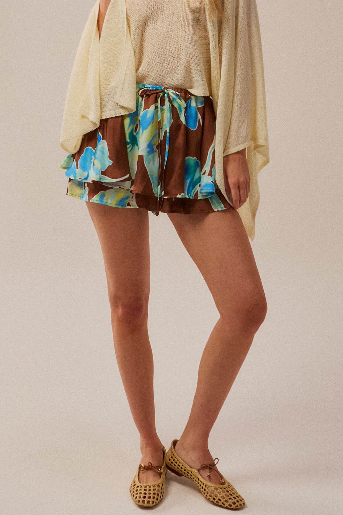 Iris Bloom Floral Satin Drawstring Mini Skort