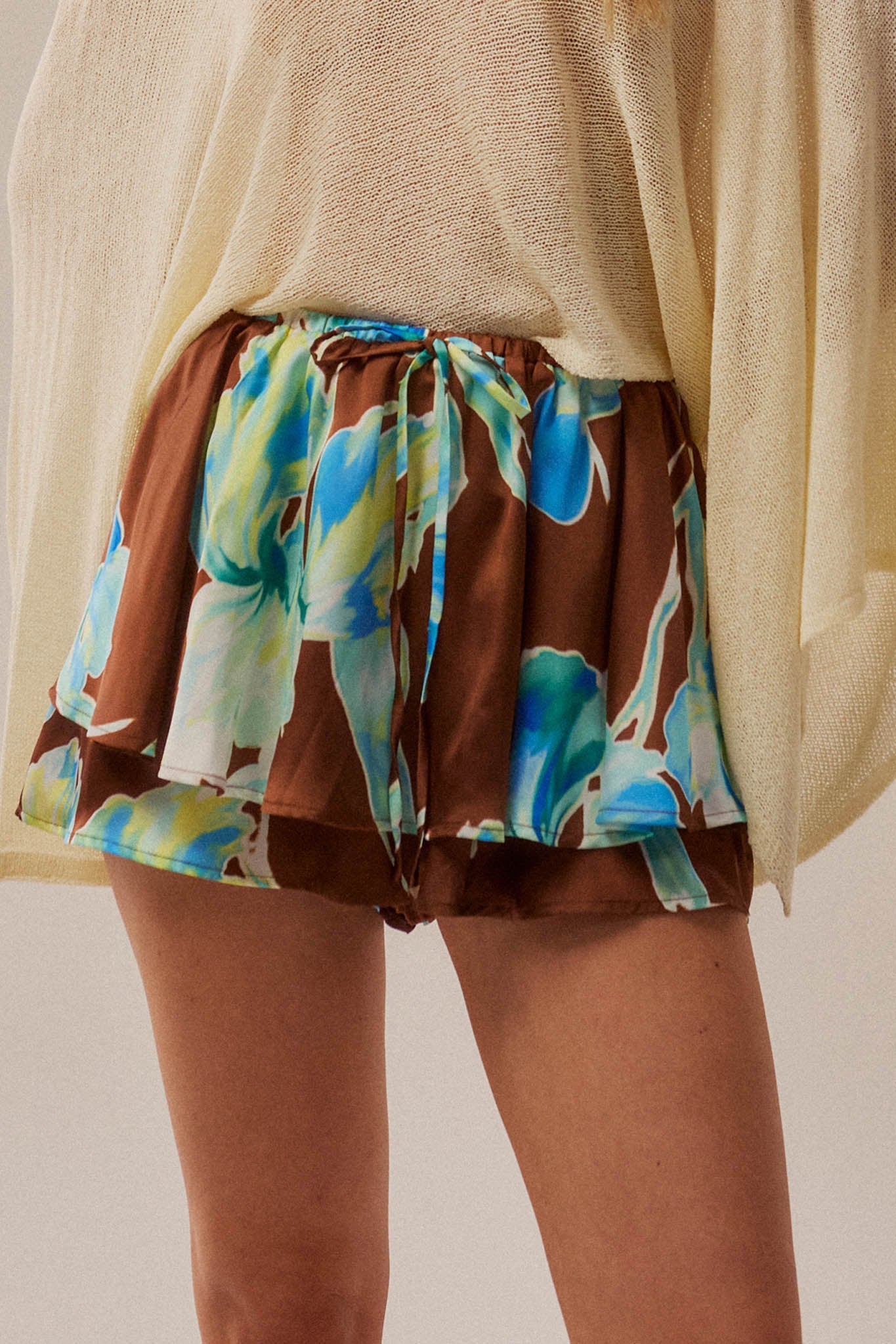 Iris Bloom Floral Satin Drawstring Mini Skort