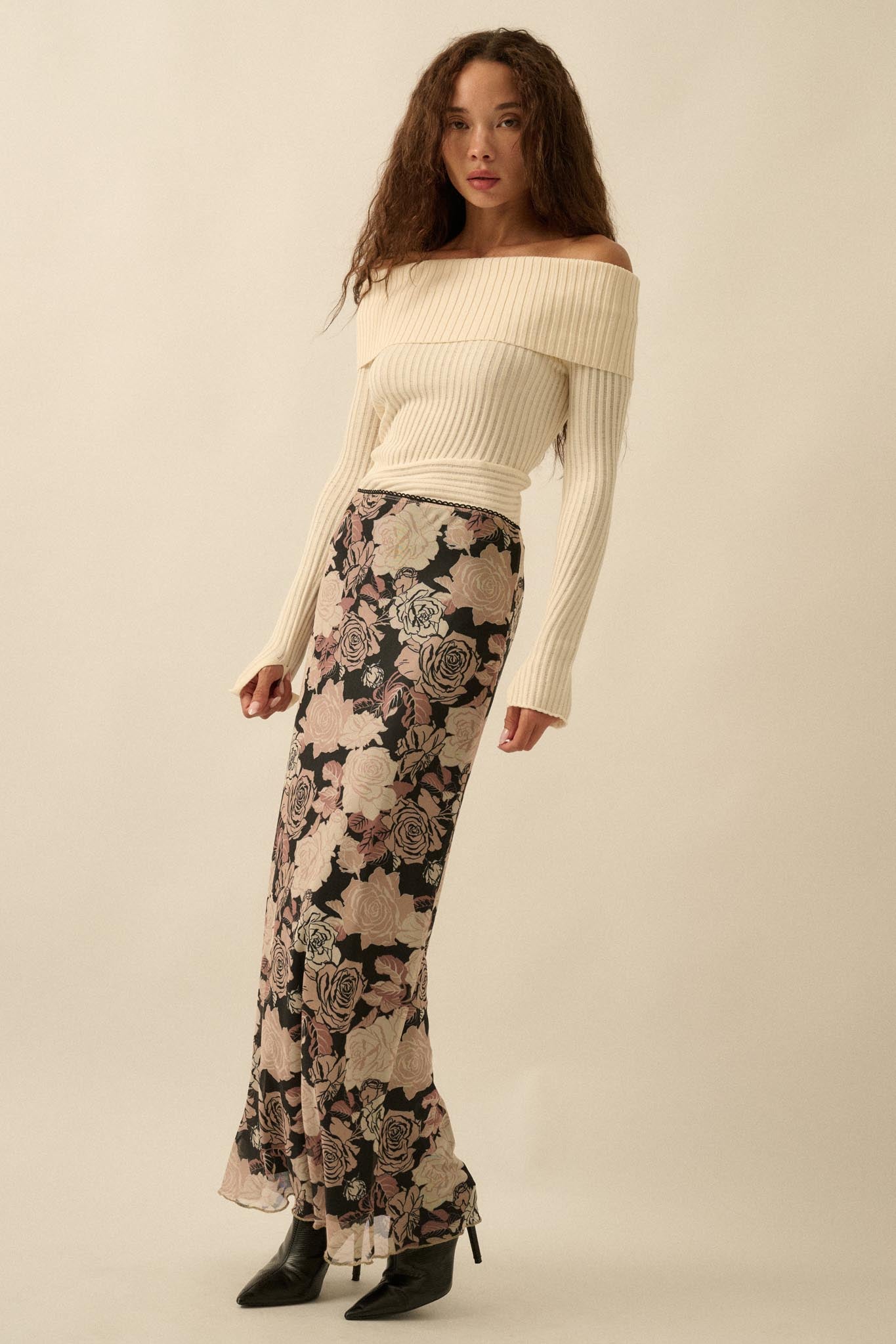 Evening Blooms Floral Mesh Maxi Skirt