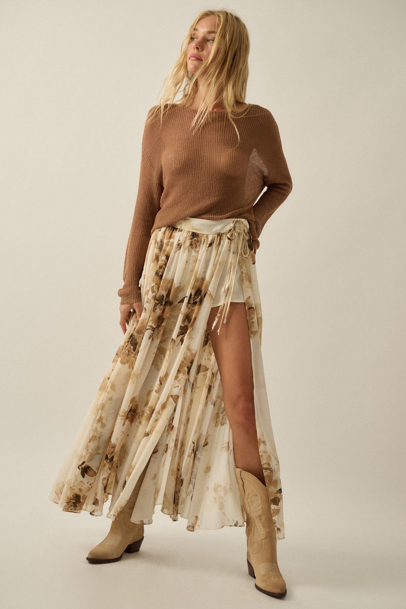 Elegant Embrace Floral Chiffon Wrap Maxi Skort