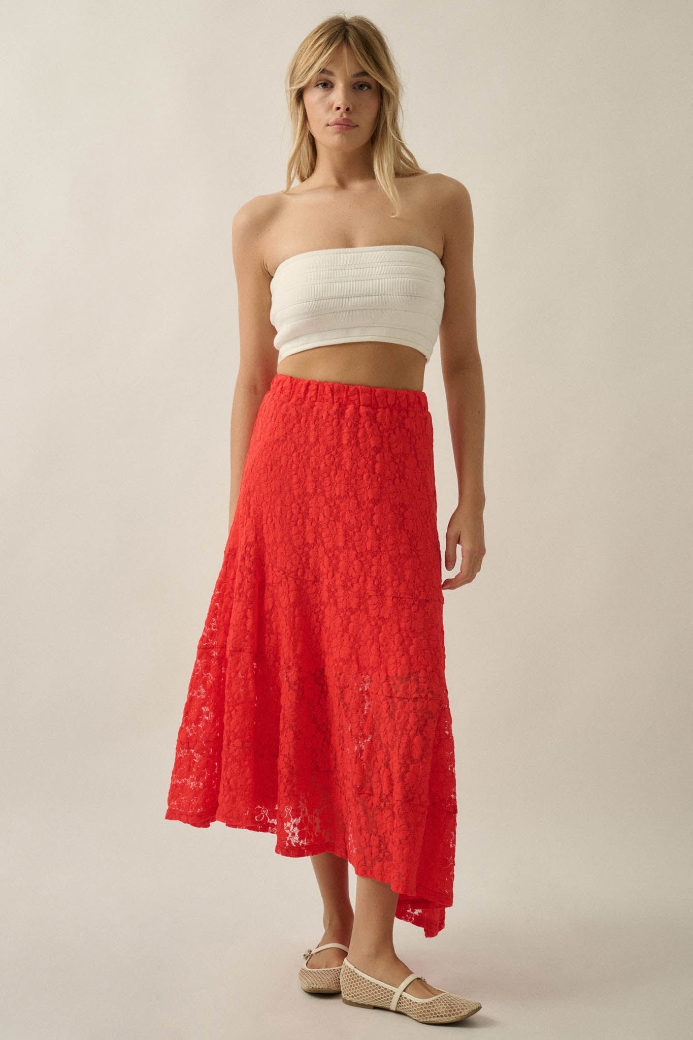 Dreamy Day Floral Lace Asymmetrical Midi Skirt
