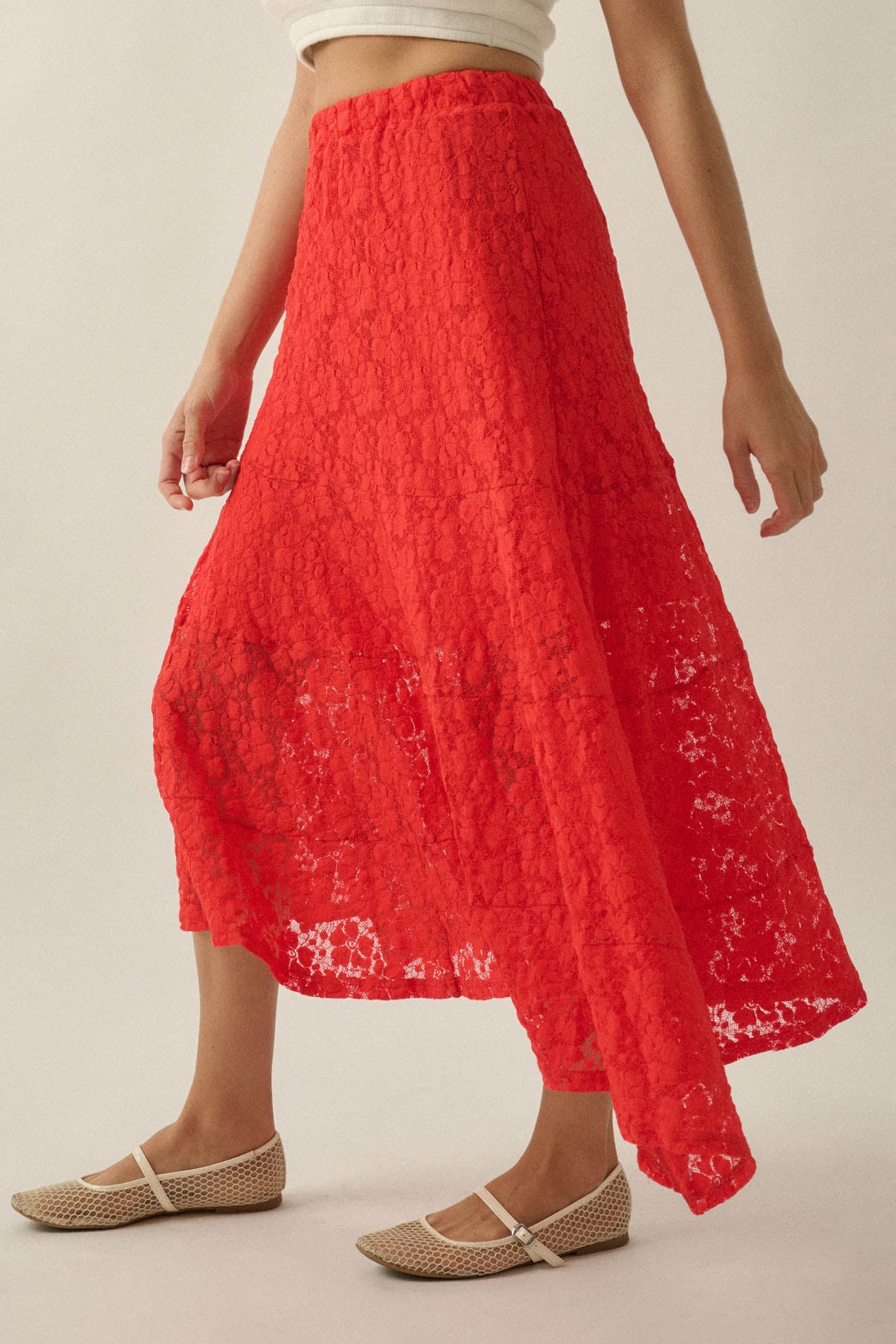 Dreamy Day Floral Lace Asymmetrical Midi Skirt