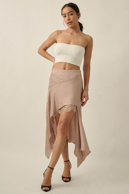 Sashay All Day Satin and Lace High-Low Midi Skirt