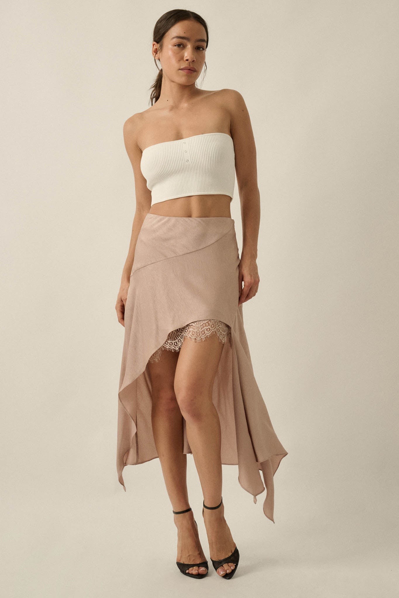 Sashay All Day Satin and Lace High-Low Midi Skirt