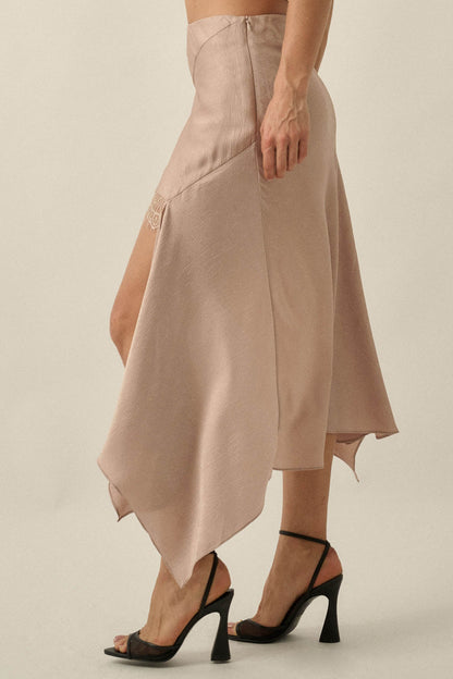 Sashay All Day Satin and Lace High-Low Midi Skirt