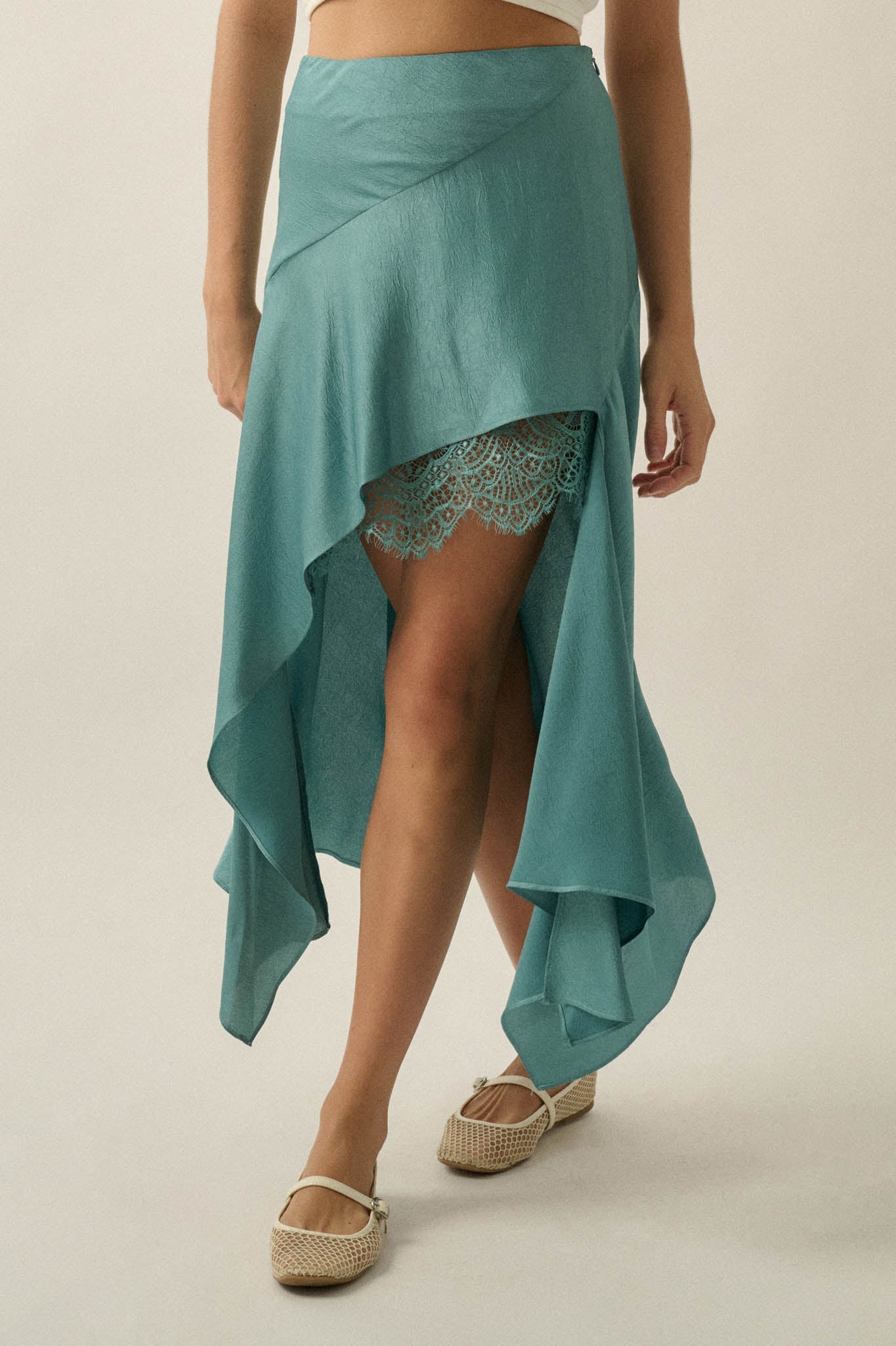 Sashay All Day Satin and Lace High-Low Midi Skirt