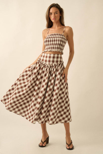 Delicious Days Gingham Plaid Drop-Waist Midi Skirt