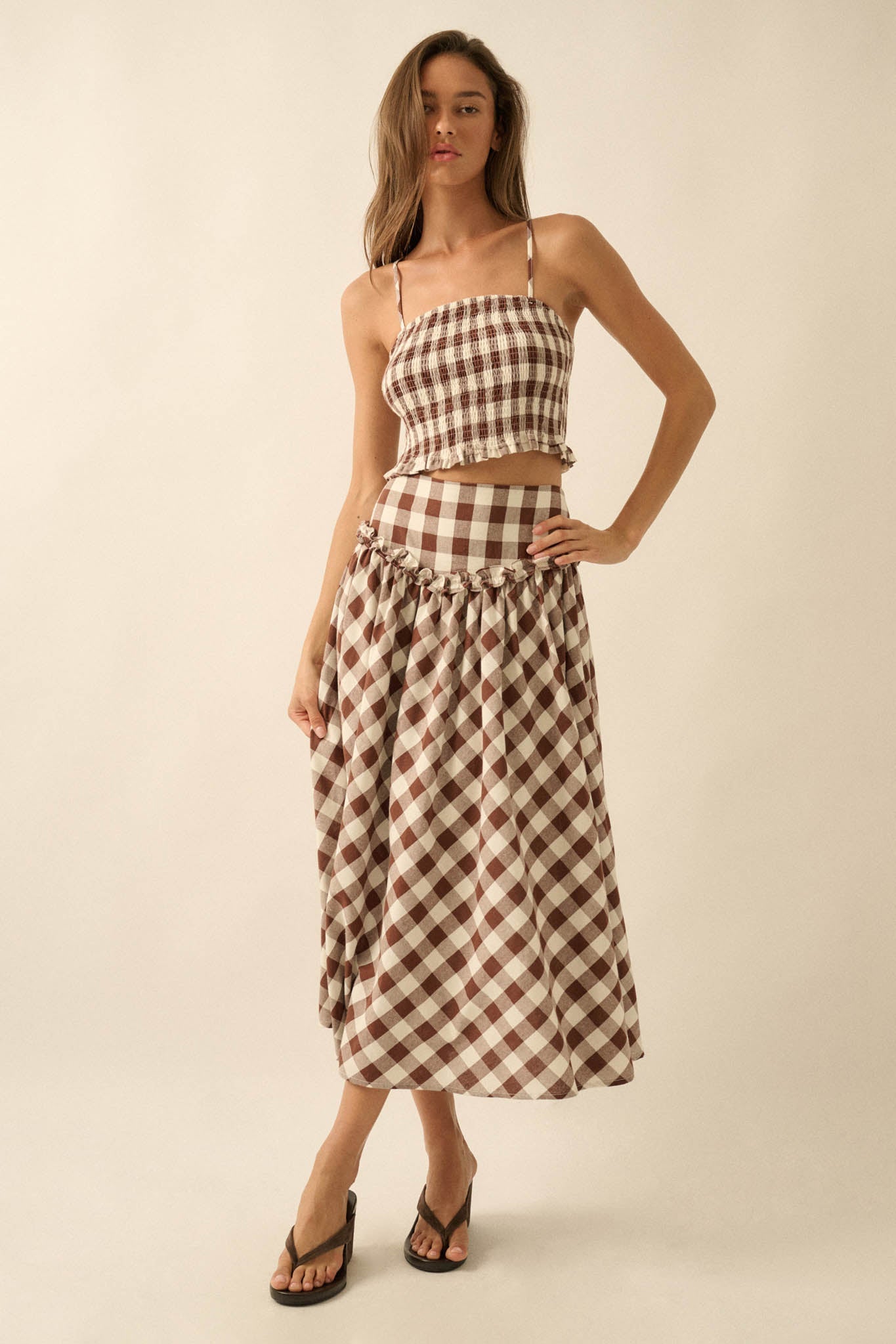 Delicious Days Gingham Plaid Drop-Waist Midi Skirt