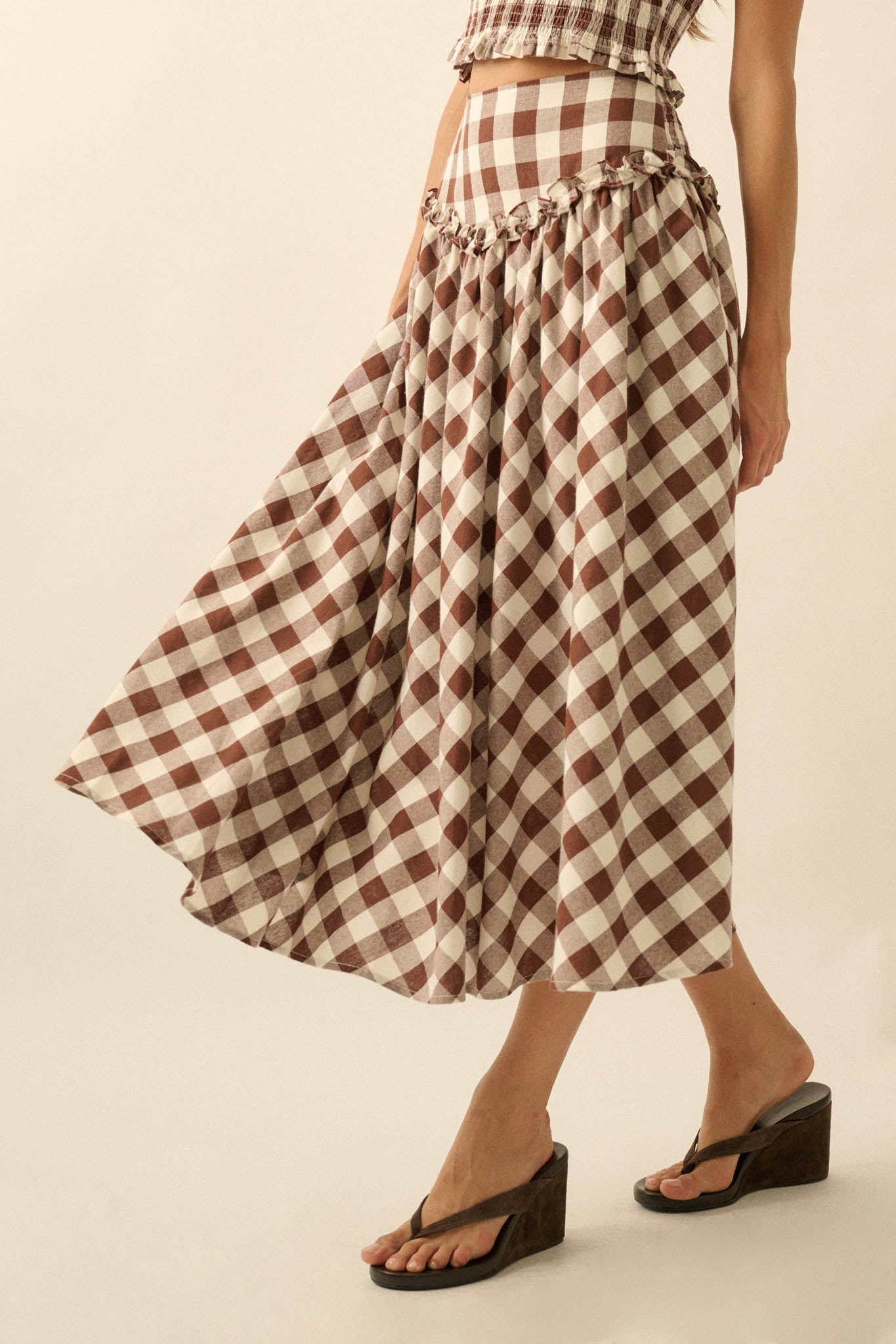 Delicious Days Gingham Plaid Drop-Waist Midi Skirt