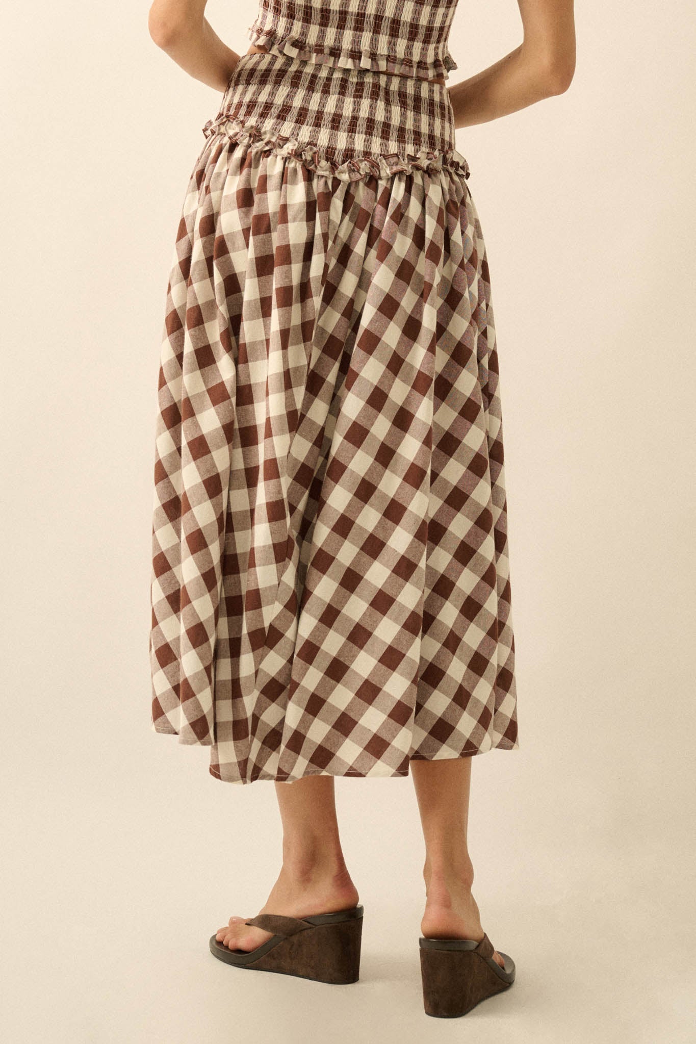 Delicious Days Gingham Plaid Drop-Waist Midi Skirt