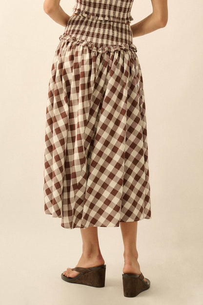 Delicious Days Gingham Plaid Drop-Waist Midi Skirt