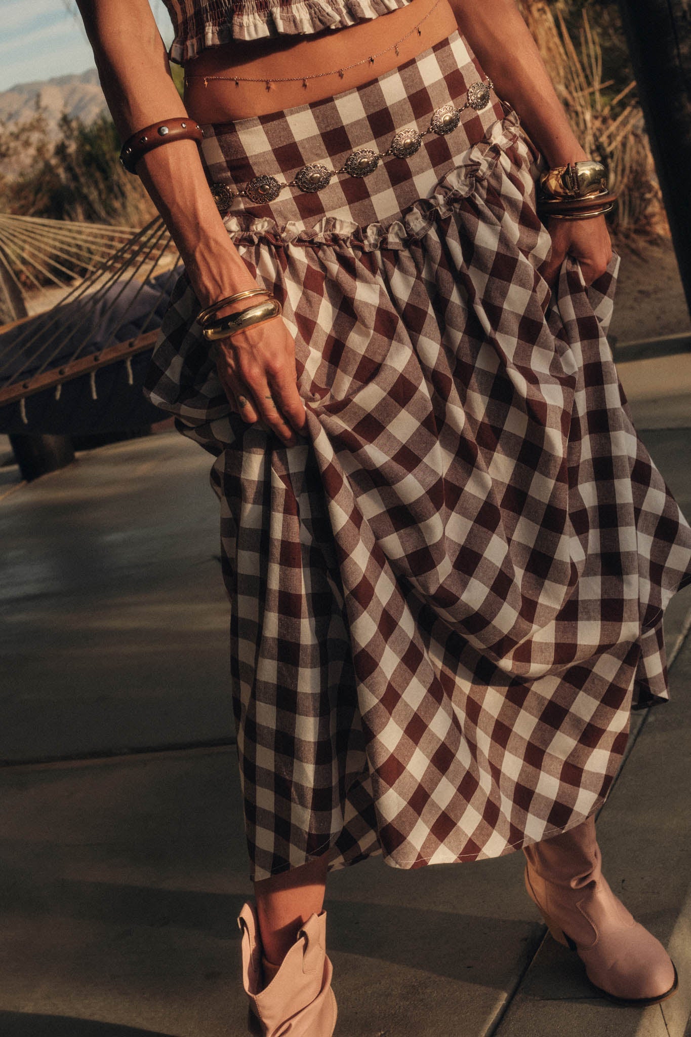 Delicious Days Gingham Plaid Drop-Waist Midi Skirt