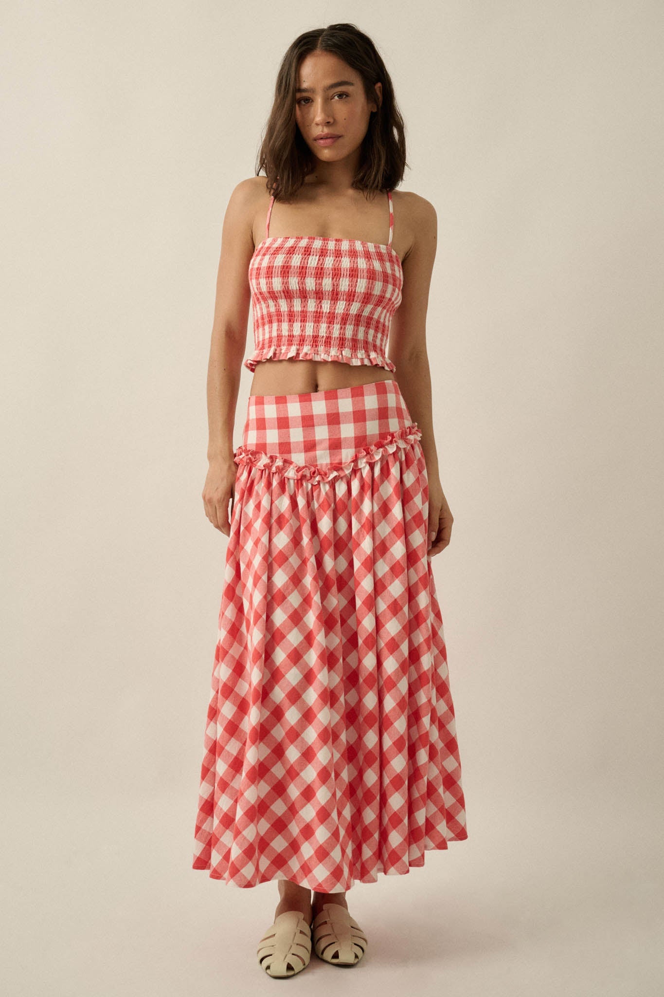 Delicious Days Gingham Plaid Drop-Waist Midi Skirt
