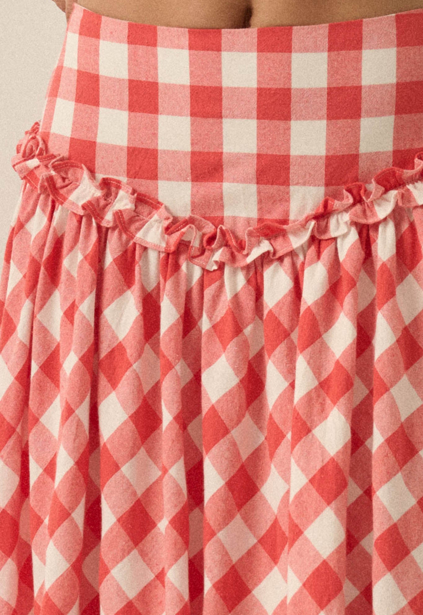Delicious Days Gingham Plaid Drop-Waist Midi Skirt