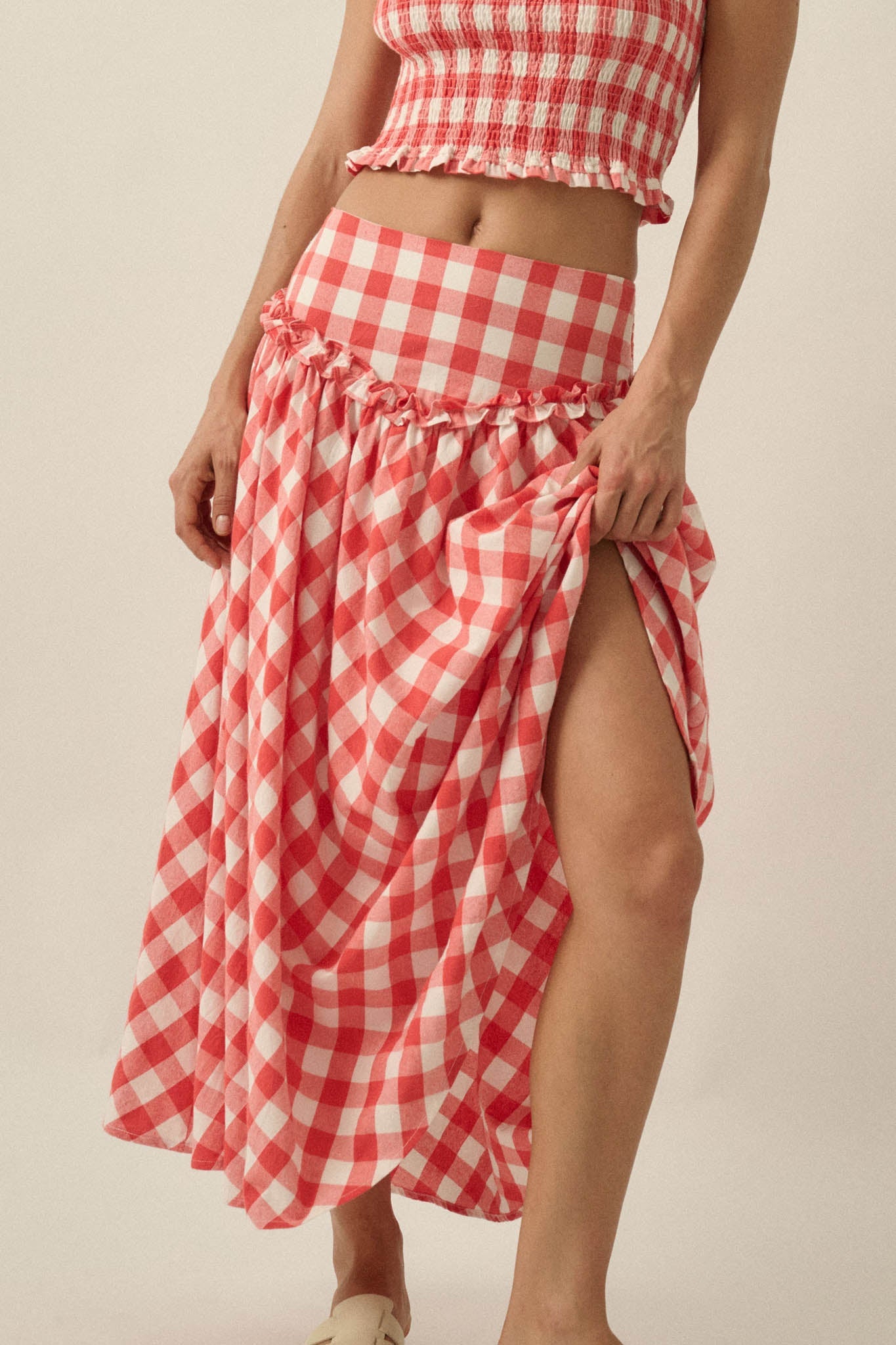 Delicious Days Gingham Plaid Drop-Waist Midi Skirt
