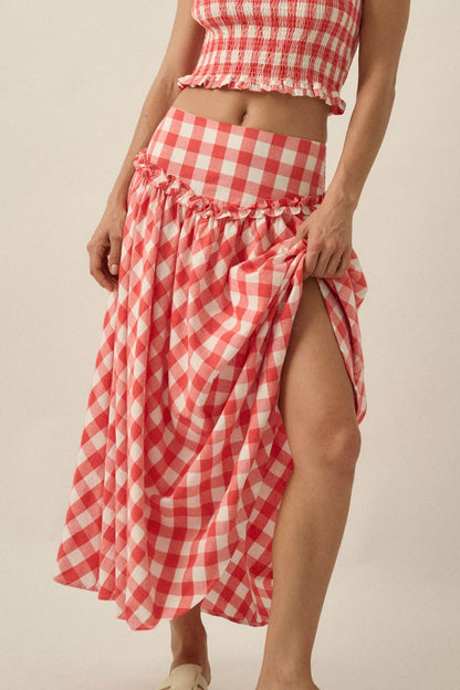Delicious Days Gingham Plaid Drop-Waist Midi Skirt