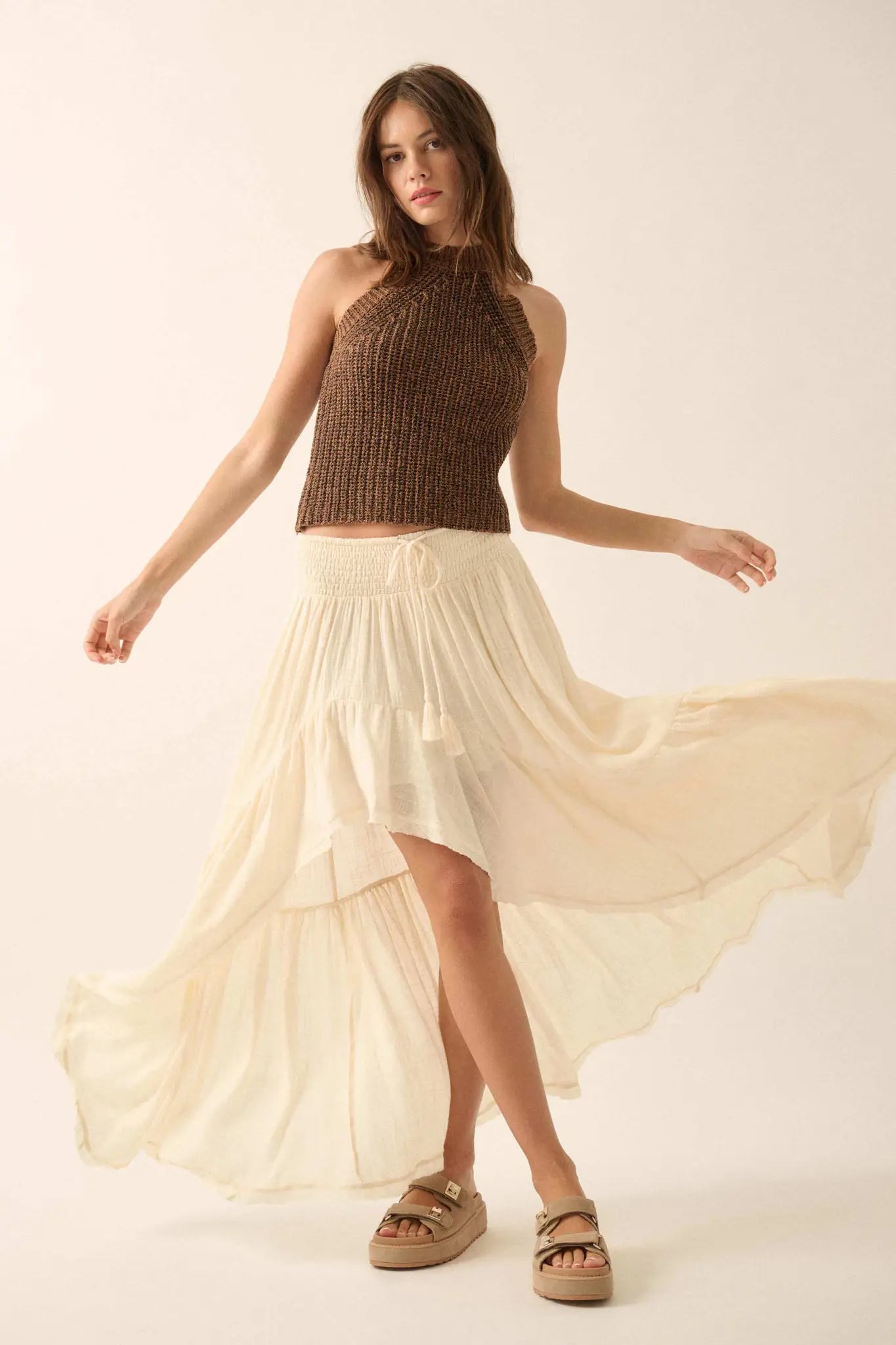 Billowing Breeze High-Low Tiered Ruffle Maxi Skirt