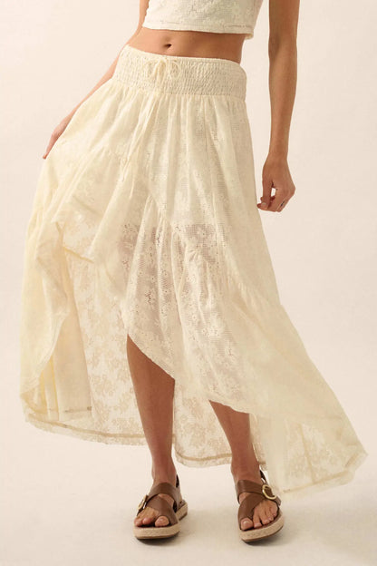 Pure Air Floral Lace Asymmetrical Ruffle Maxi Skirt