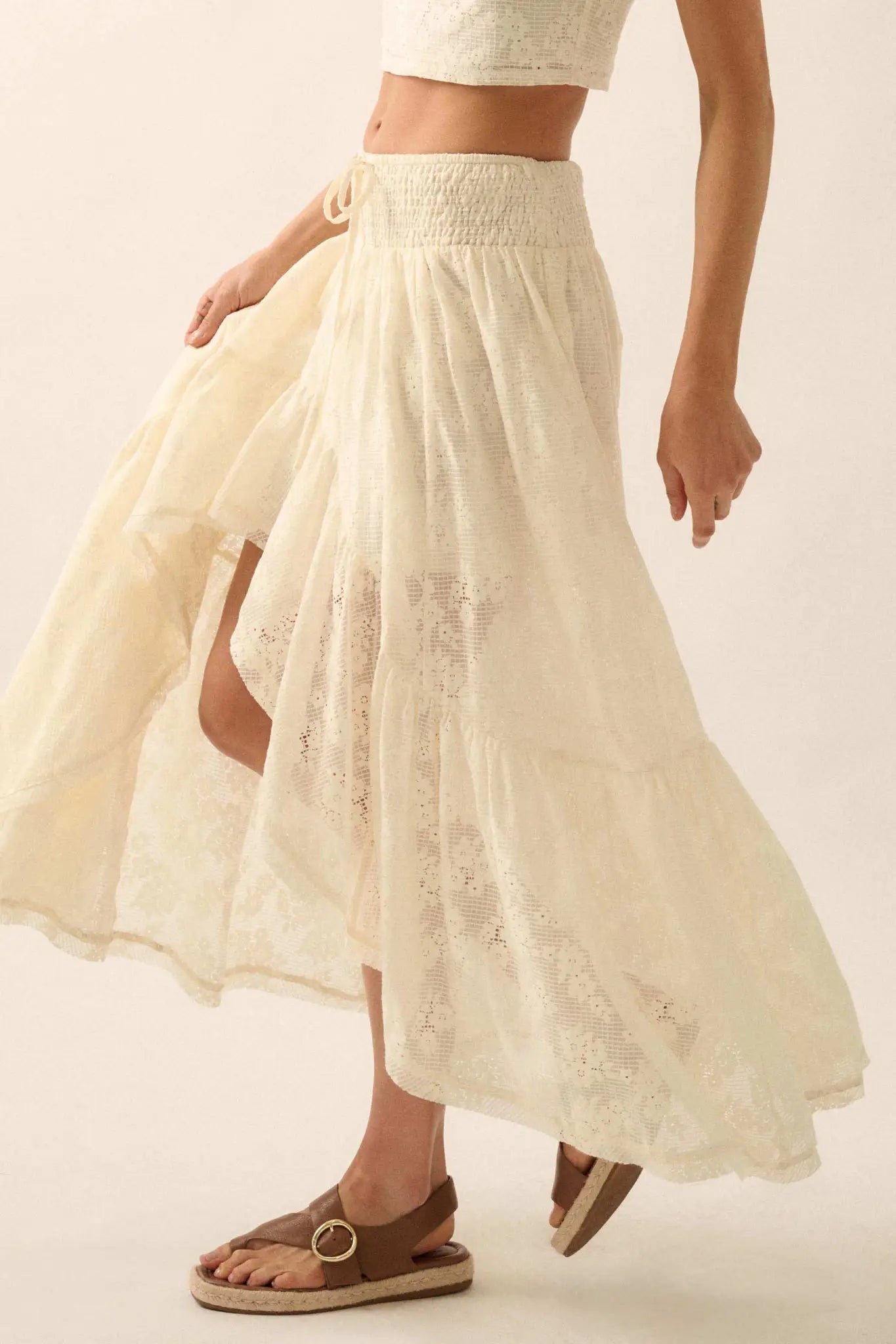 Pure Air Floral Lace Asymmetrical Ruffle Maxi Skirt