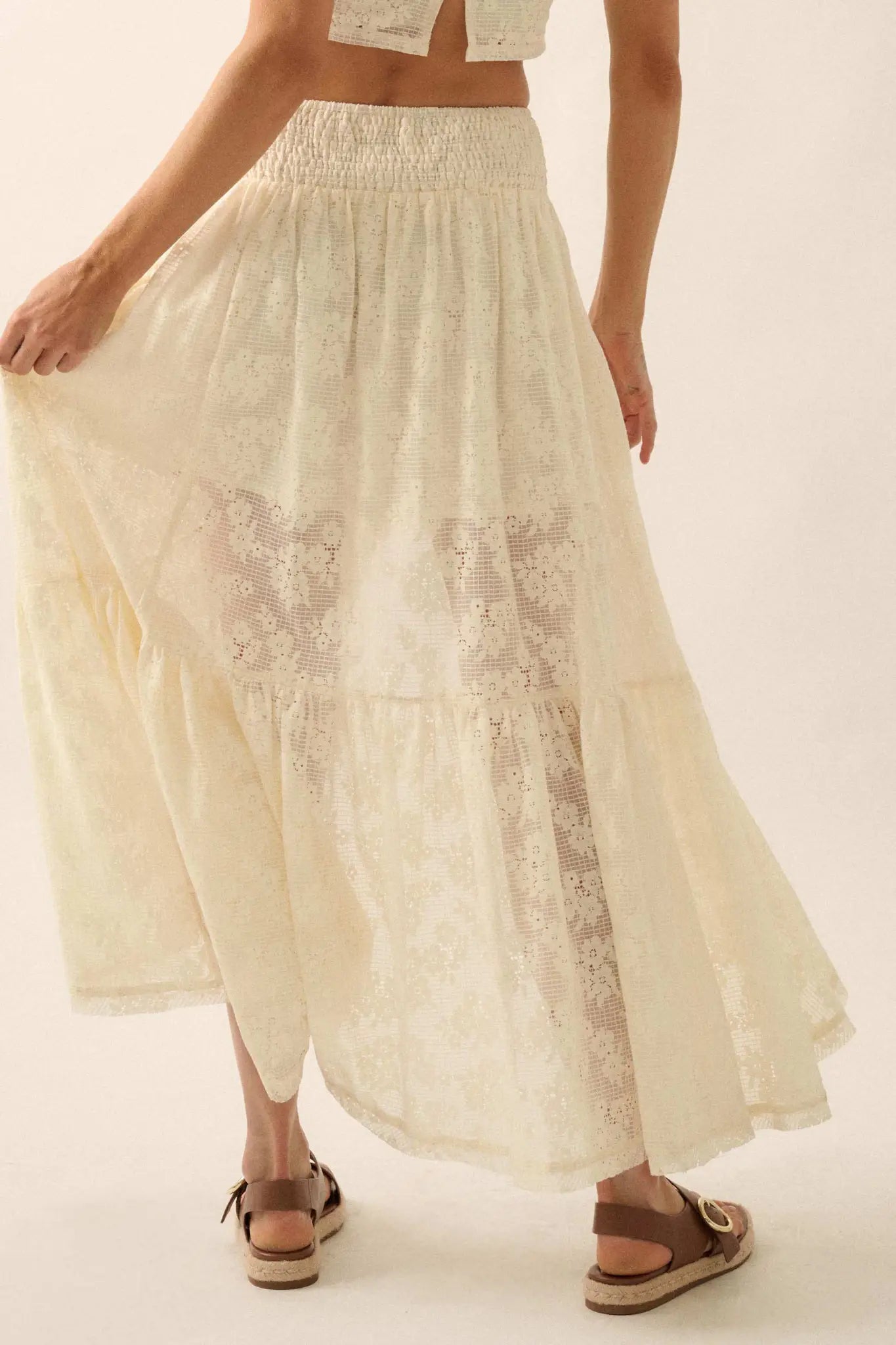 Pure Air Floral Lace Asymmetrical Ruffle Maxi Skirt