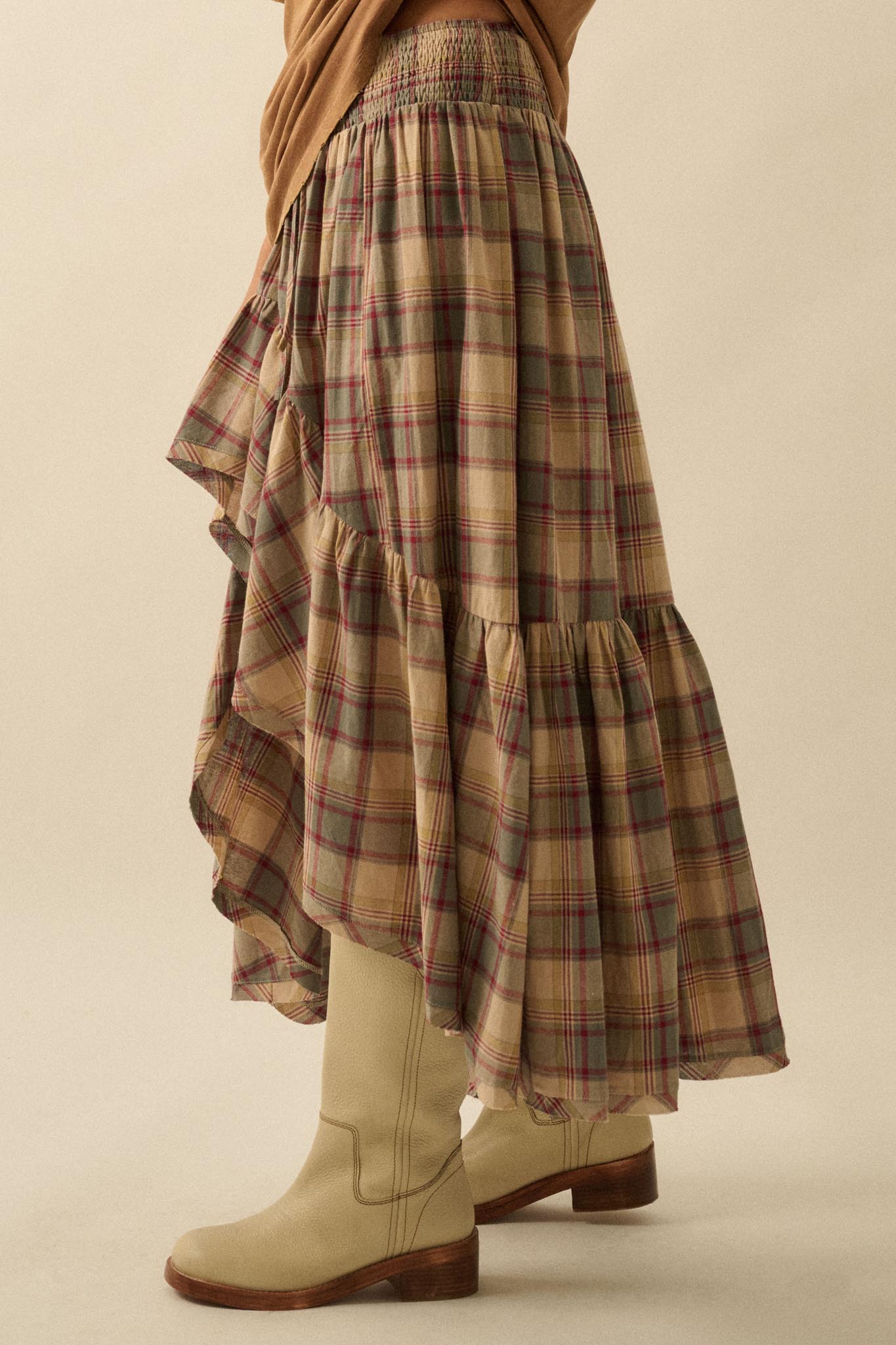 Country Mile Plaid High-Low Ruffle Maxi Skirt