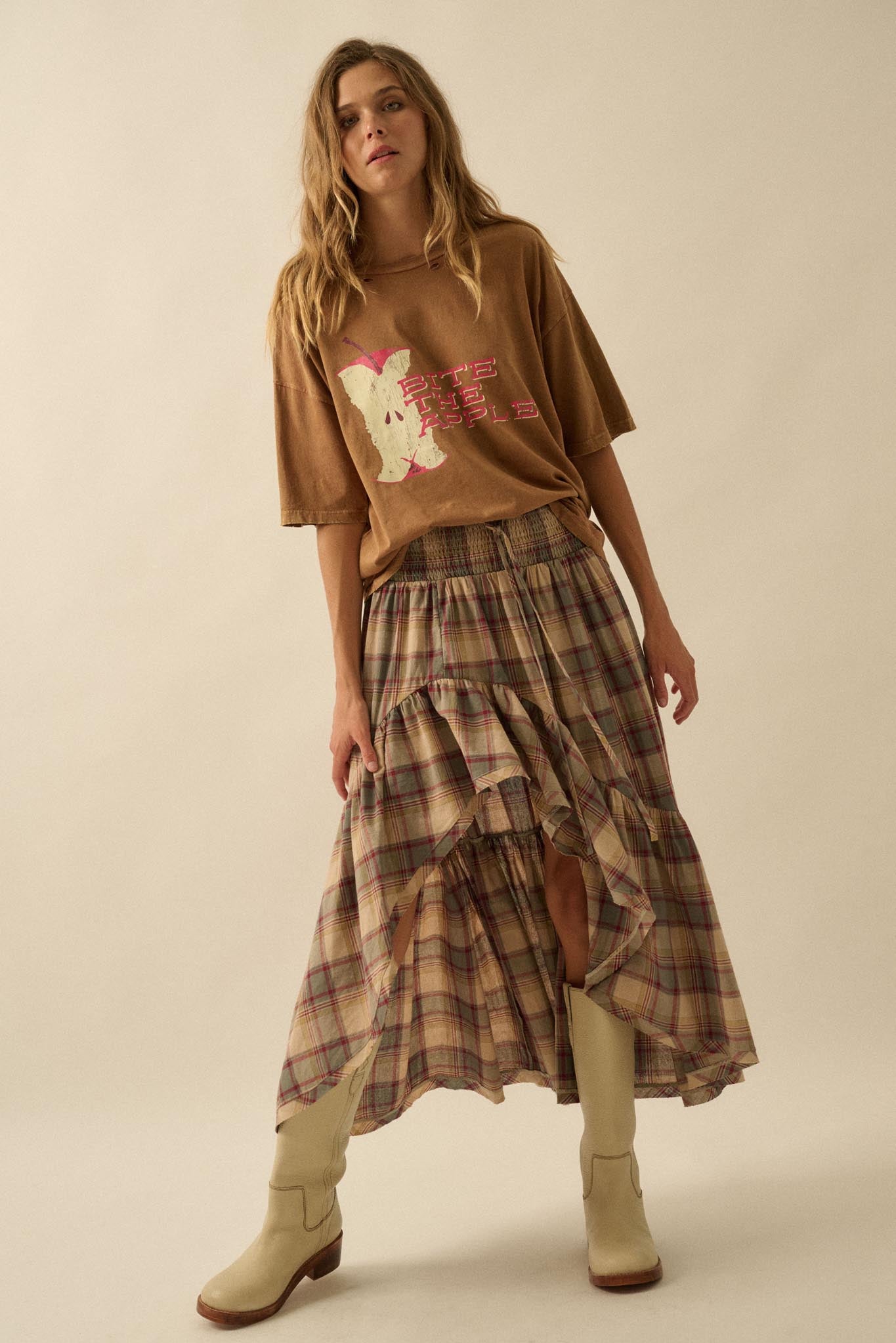 Country Mile Plaid High-Low Ruffle Maxi Skirt