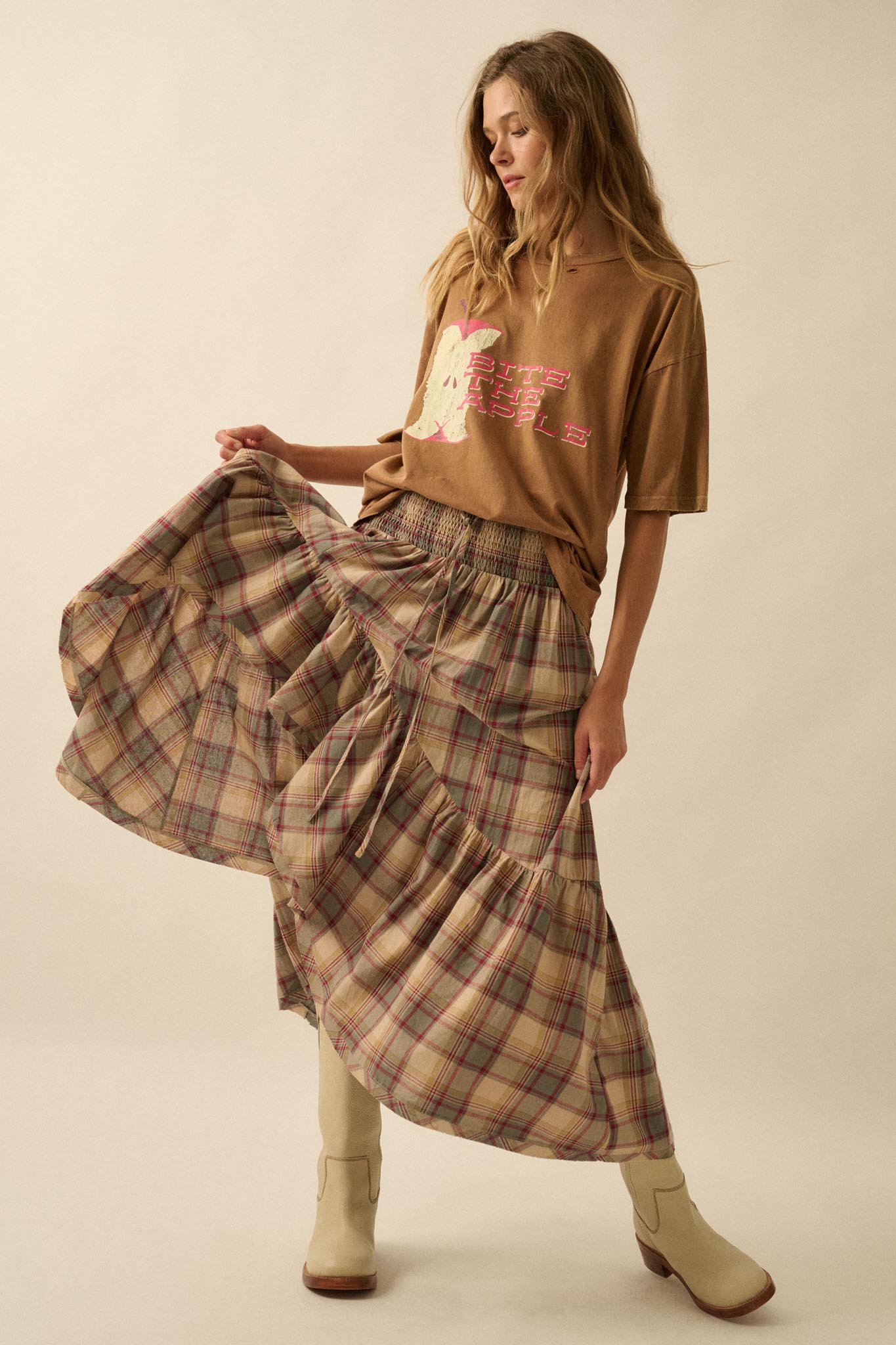Country Mile Plaid High-Low Ruffle Maxi Skirt