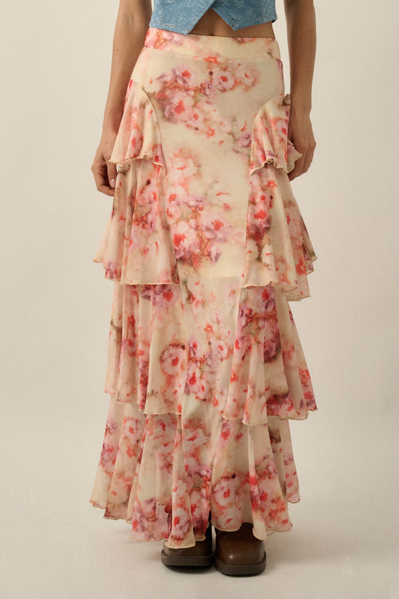 Rosy Blooms Floral Mesh Tiered Ruffle Maxi Skirt