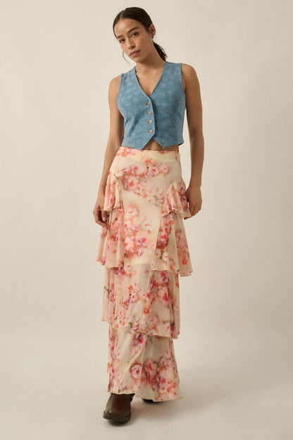 Rosy Blooms Floral Mesh Tiered Ruffle Maxi Skirt