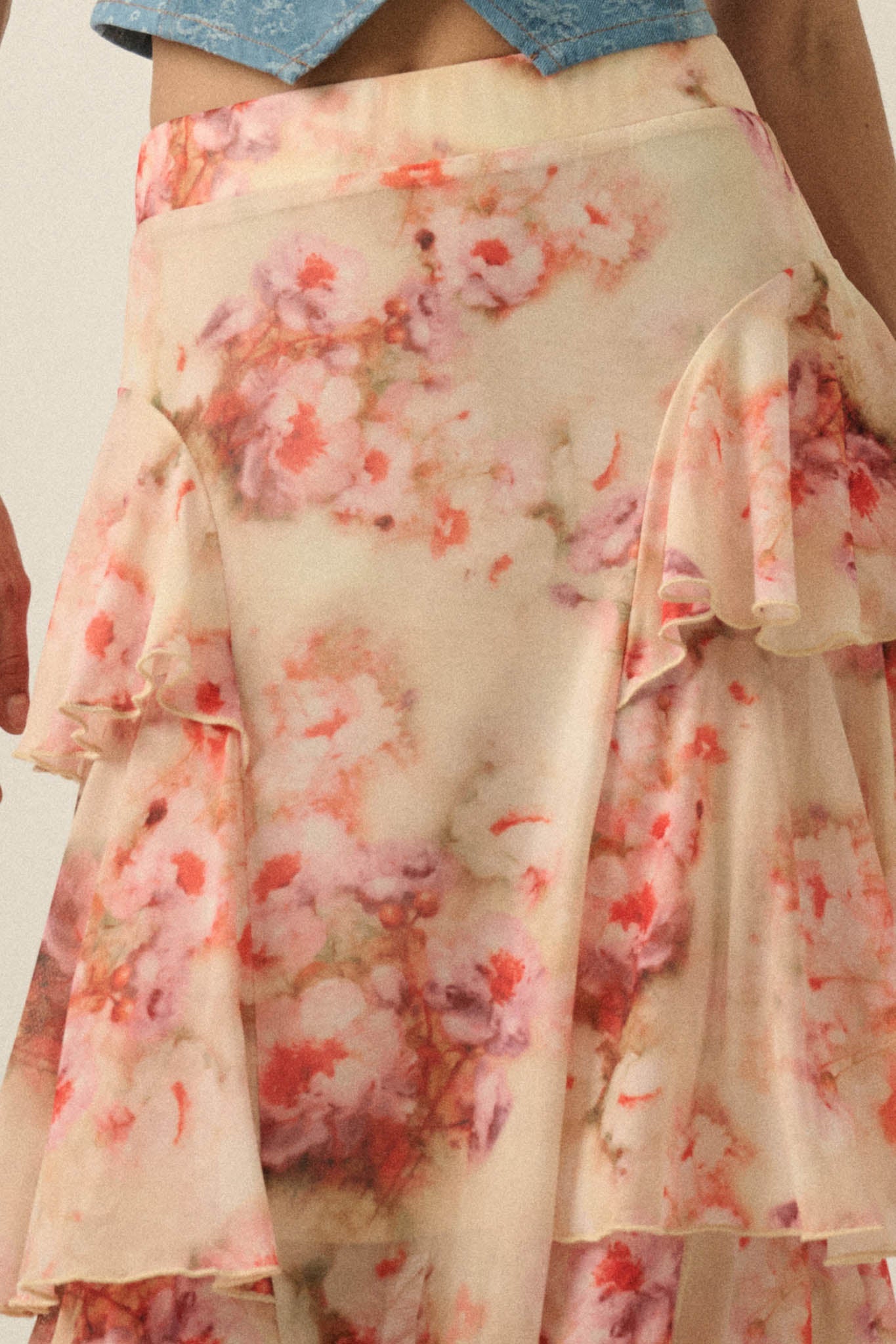 Rosy Blooms Floral Mesh Tiered Ruffle Maxi Skirt