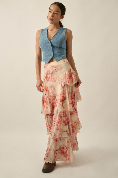 Rosy Blooms Floral Mesh Tiered Ruffle Maxi Skirt