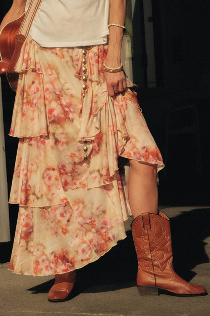 Rosy Blooms Floral Mesh Tiered Ruffle Maxi Skirt