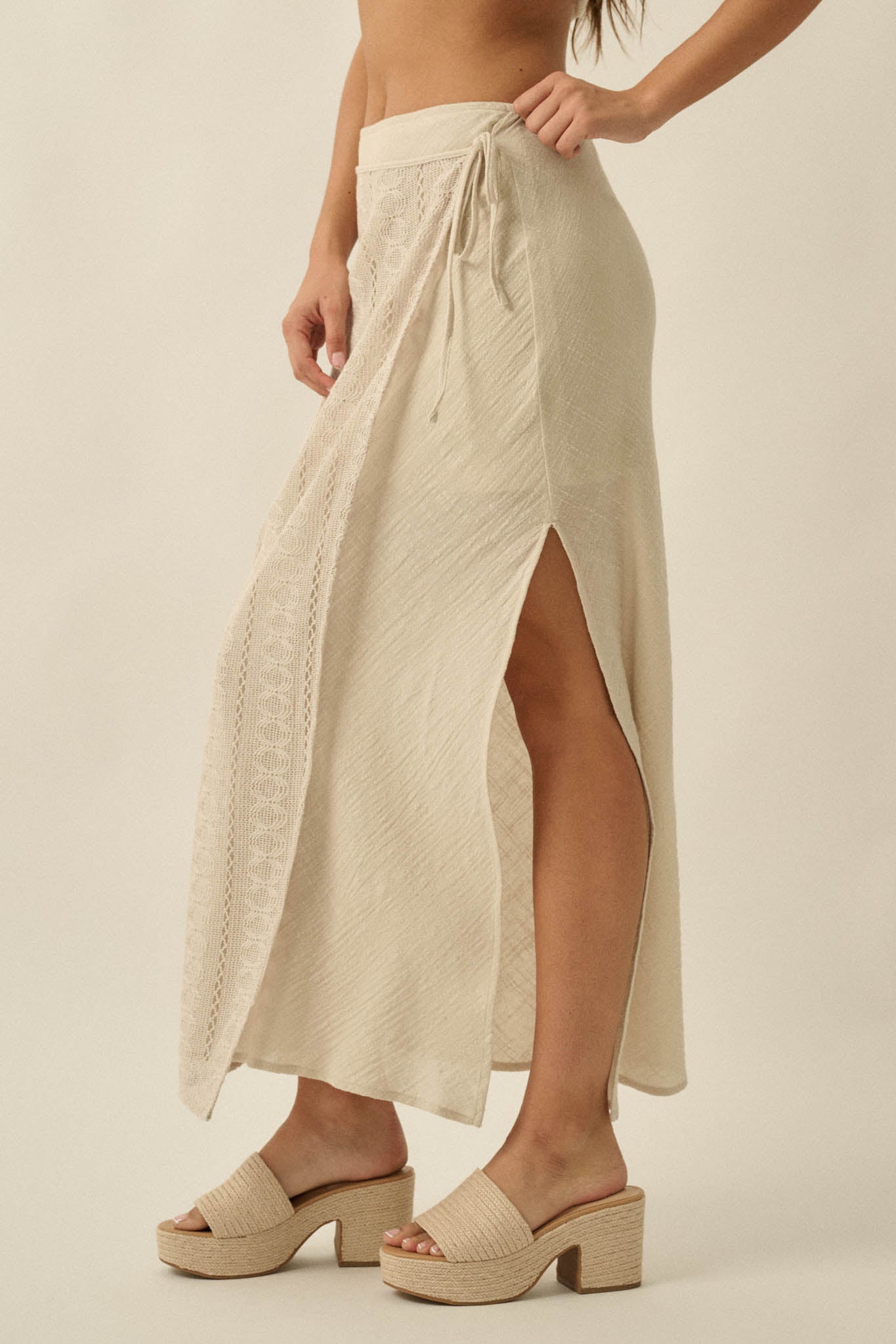 Living Easy Cotton Gauze and Lace Wrap Maxi Skirt