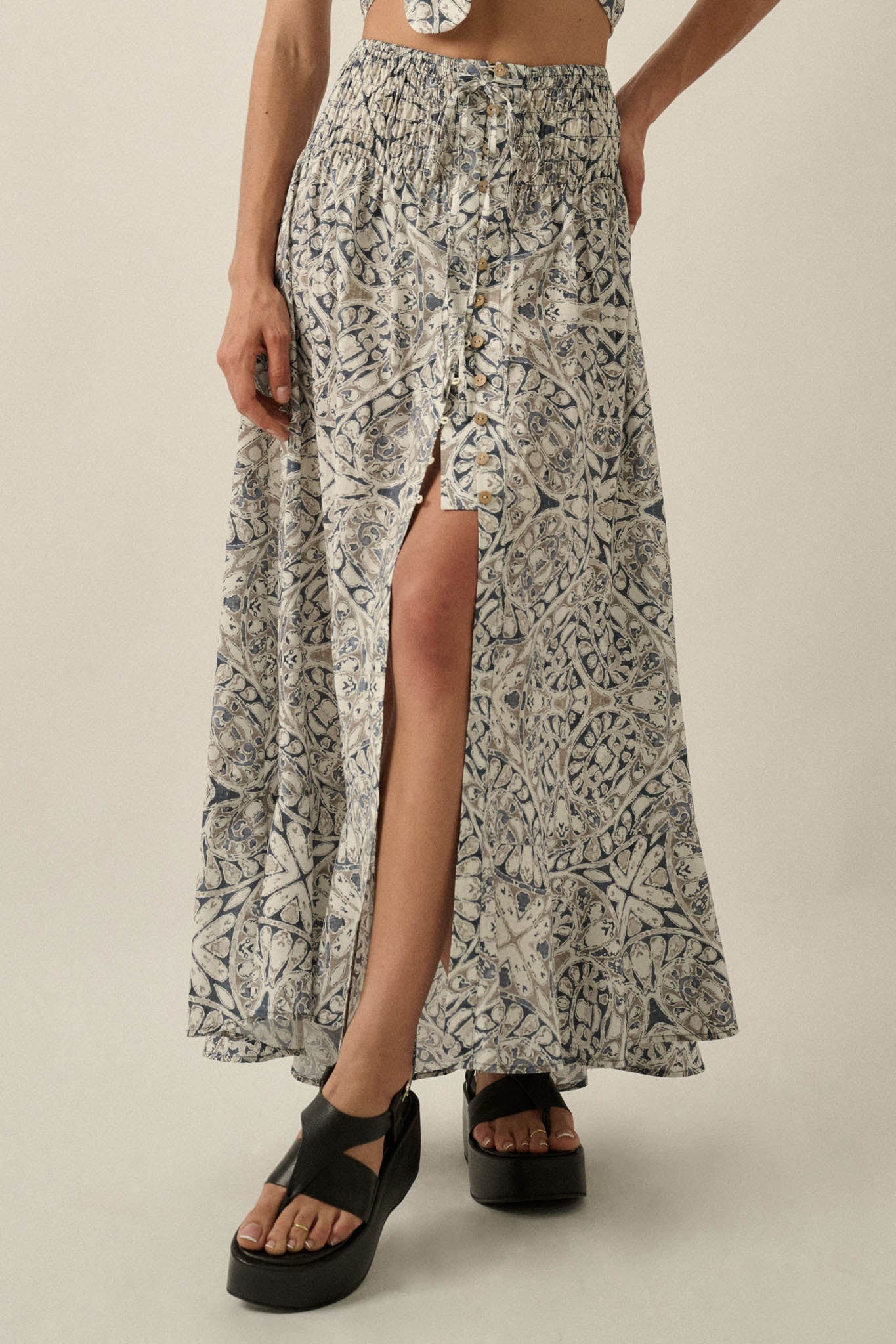 Beautifully Lost Abstract-Print Button-Up Maxi Skirt