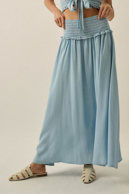 Forever Blue Denim Drop-Waist Smocked Maxi Skirt