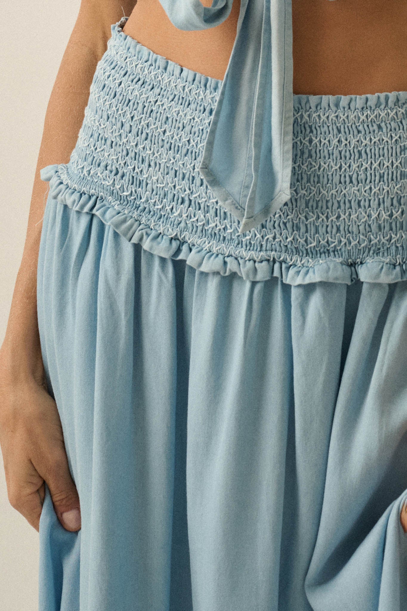 Forever Blue Denim Drop-Waist Smocked Maxi Skirt