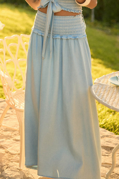 Forever Blue Denim Drop-Waist Smocked Maxi Skirt