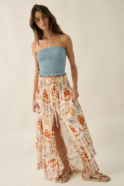 Exotic Garden Medallion-Print Button-Front Maxi Skirt