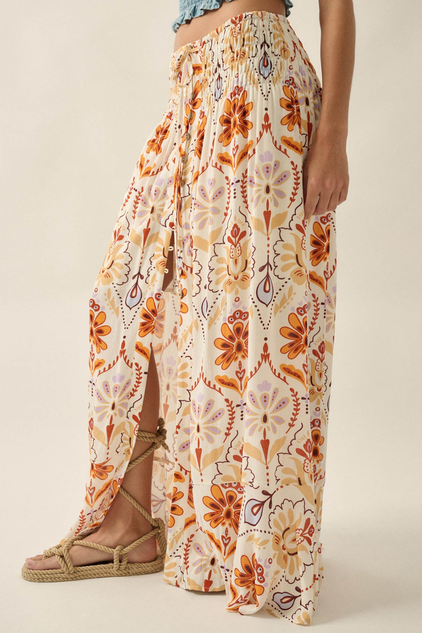 Exotic Garden Medallion-Print Button-Front Maxi Skirt