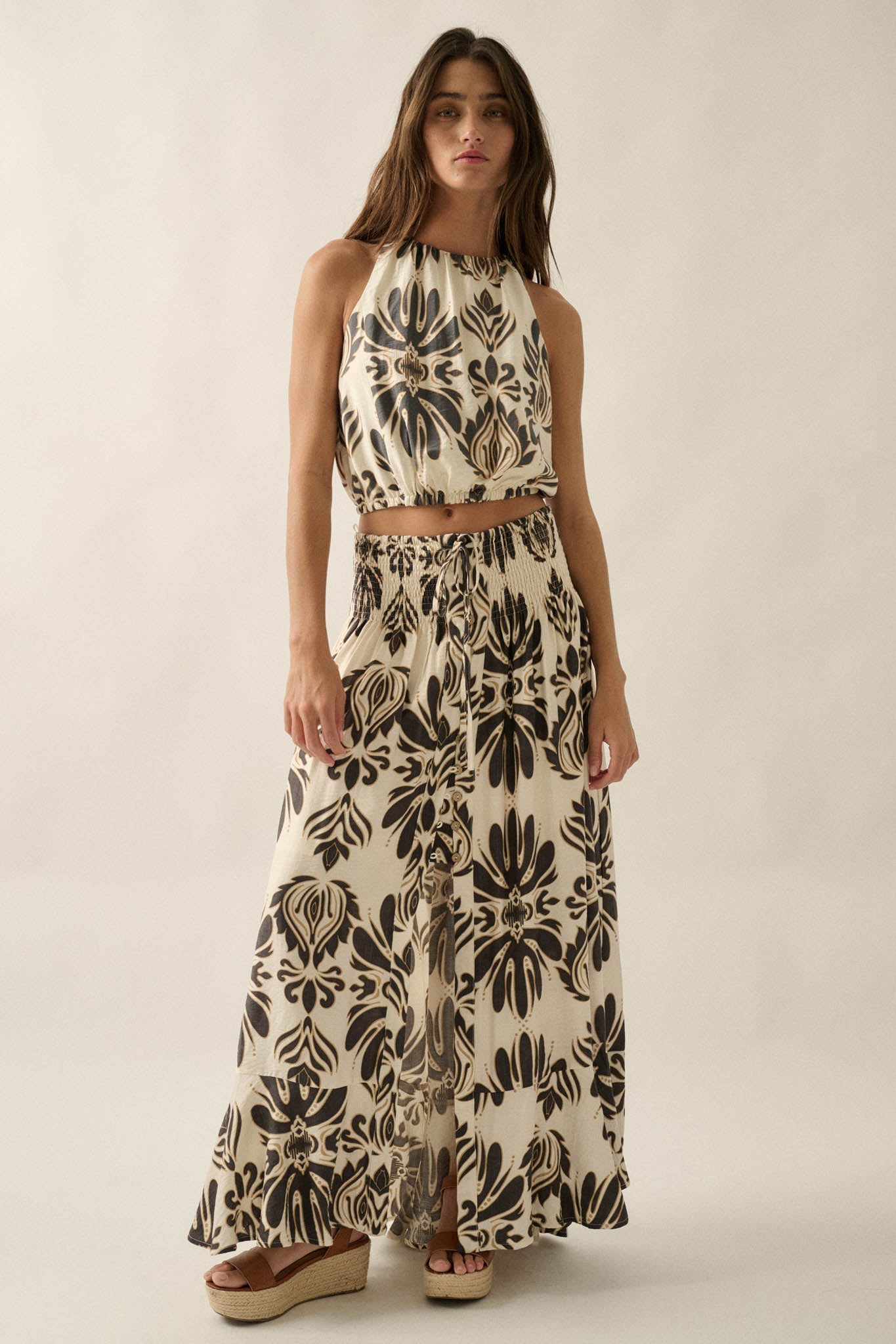 Grand Design Ornate-Print Button-Front Maxi Skirt