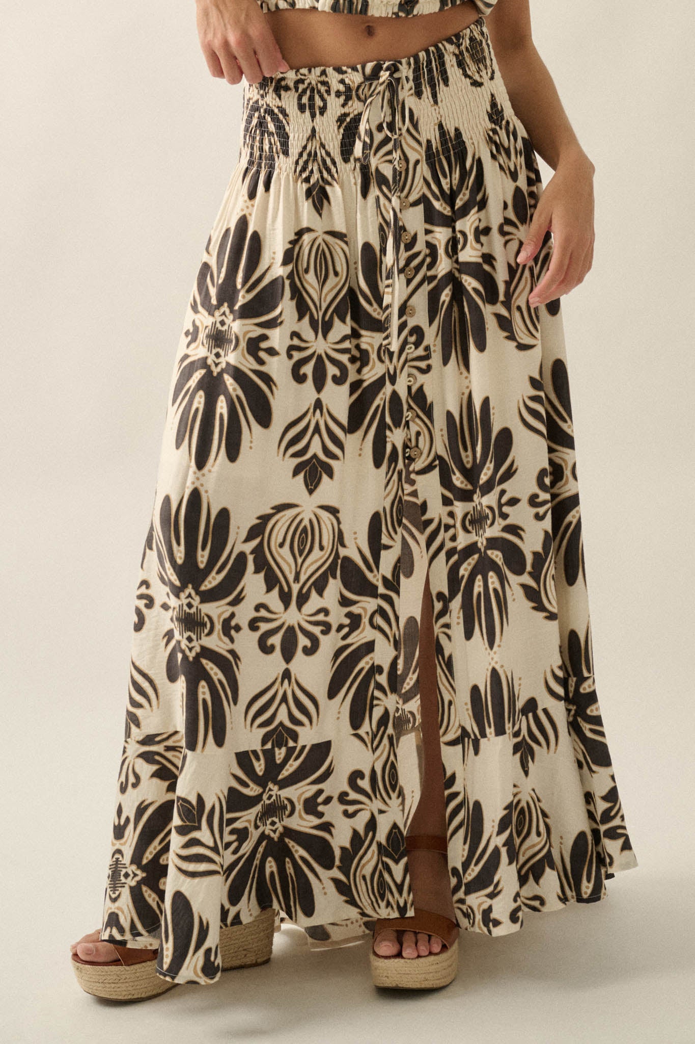 Grand Design Ornate-Print Button-Front Maxi Skirt