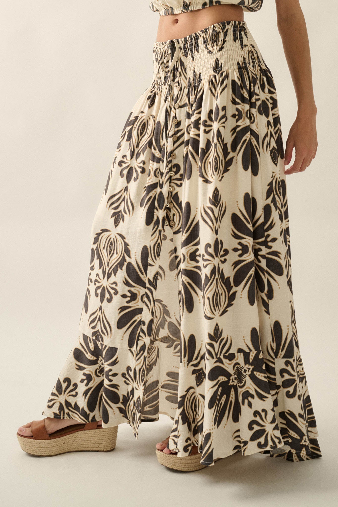 Grand Design Ornate-Print Button-Front Maxi Skirt