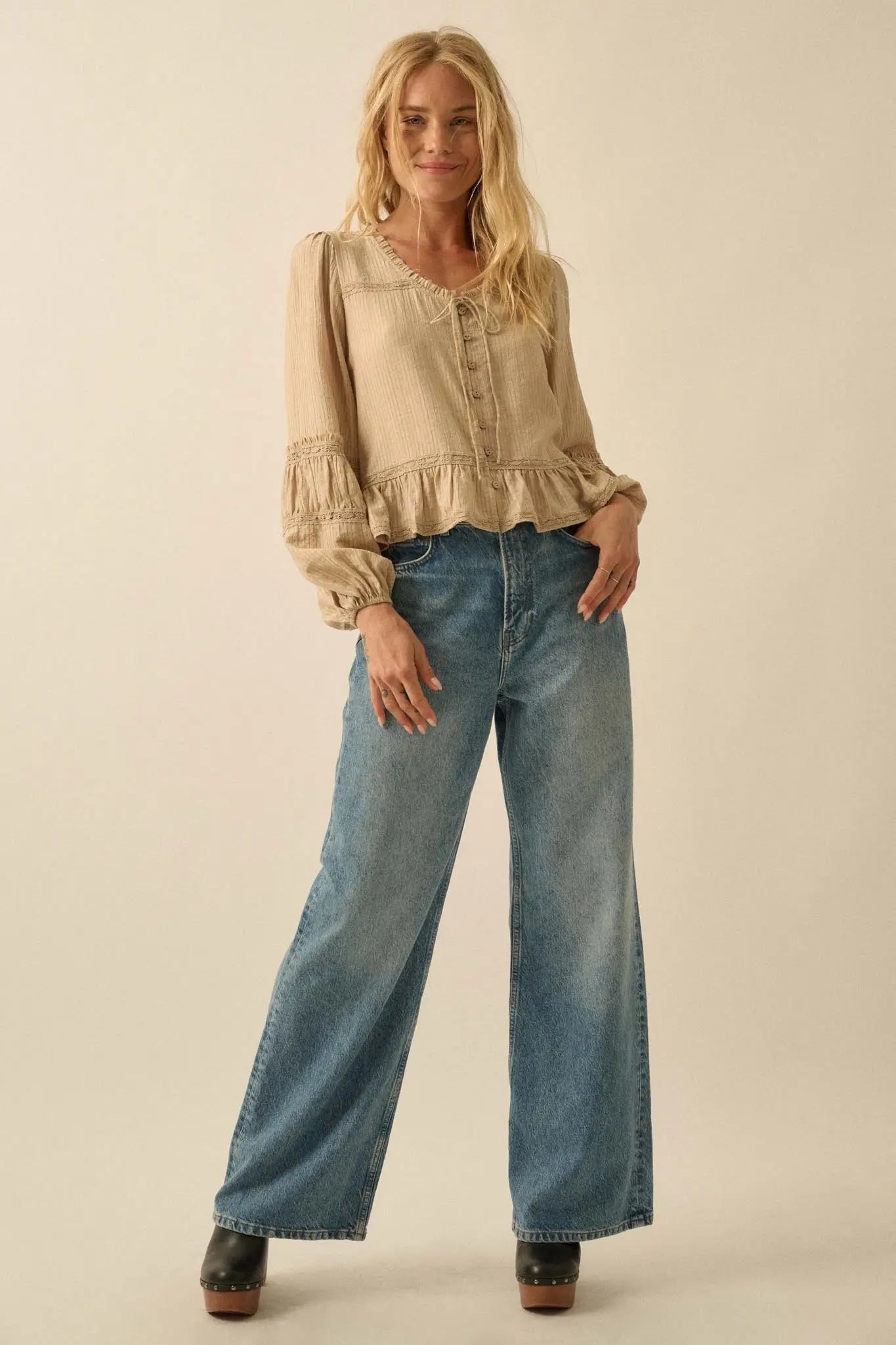 Lovely Day Button-Up Lace-Trim Ruffled Peasant Top