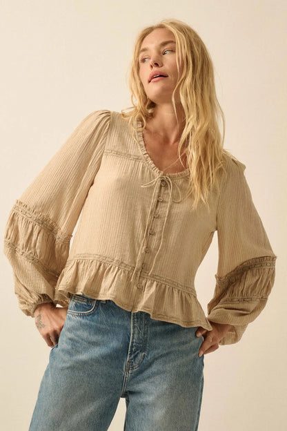 Lovely Day Button-Up Lace-Trim Ruffled Peasant Top