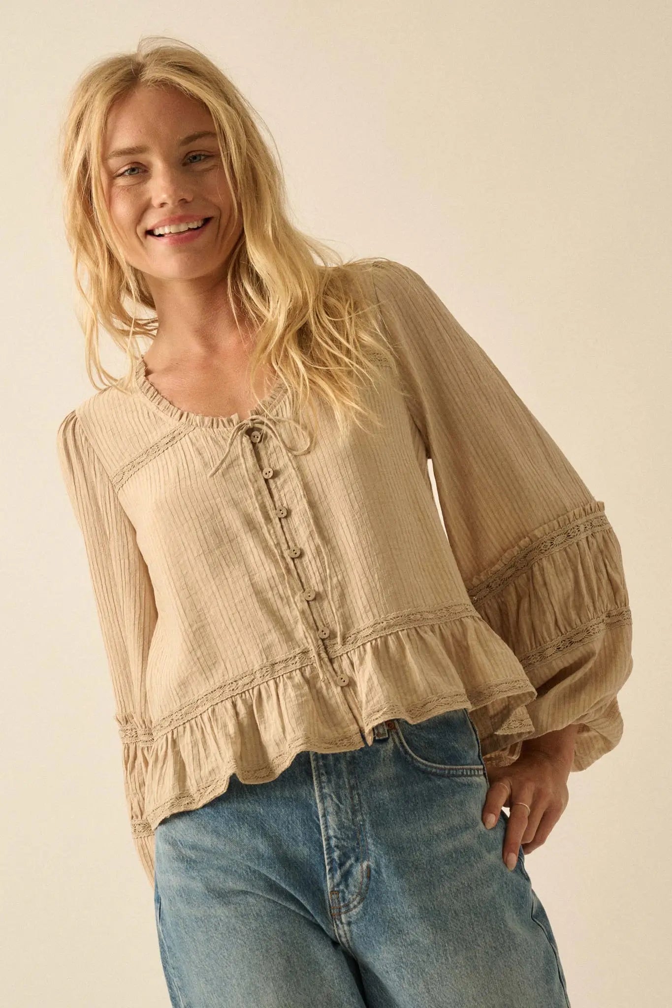 Lovely Day Button-Up Lace-Trim Ruffled Peasant Top