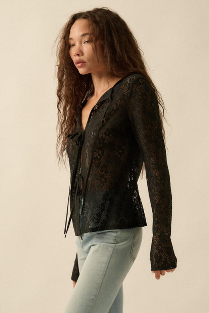 Lost in the Moment Floral Lace Tie-Front Top