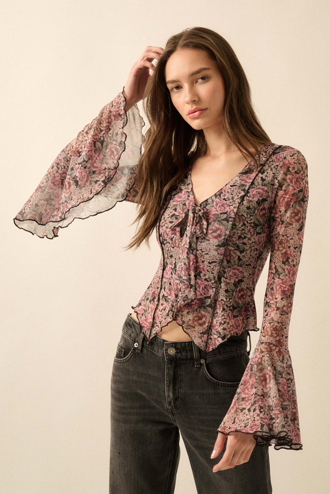 Rose Knows Floral Mesh Tie-Front Bell-Sleeve Top